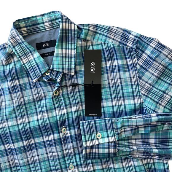 NWT Hugo Boss Men Turquoise Blue & White Plaid Thin Cotton Casual Shirt Sz Small - Picture 2 of 10